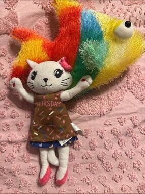 White Plush Cat Doll in Blue 'Monday' Music Dress with Pink Bow